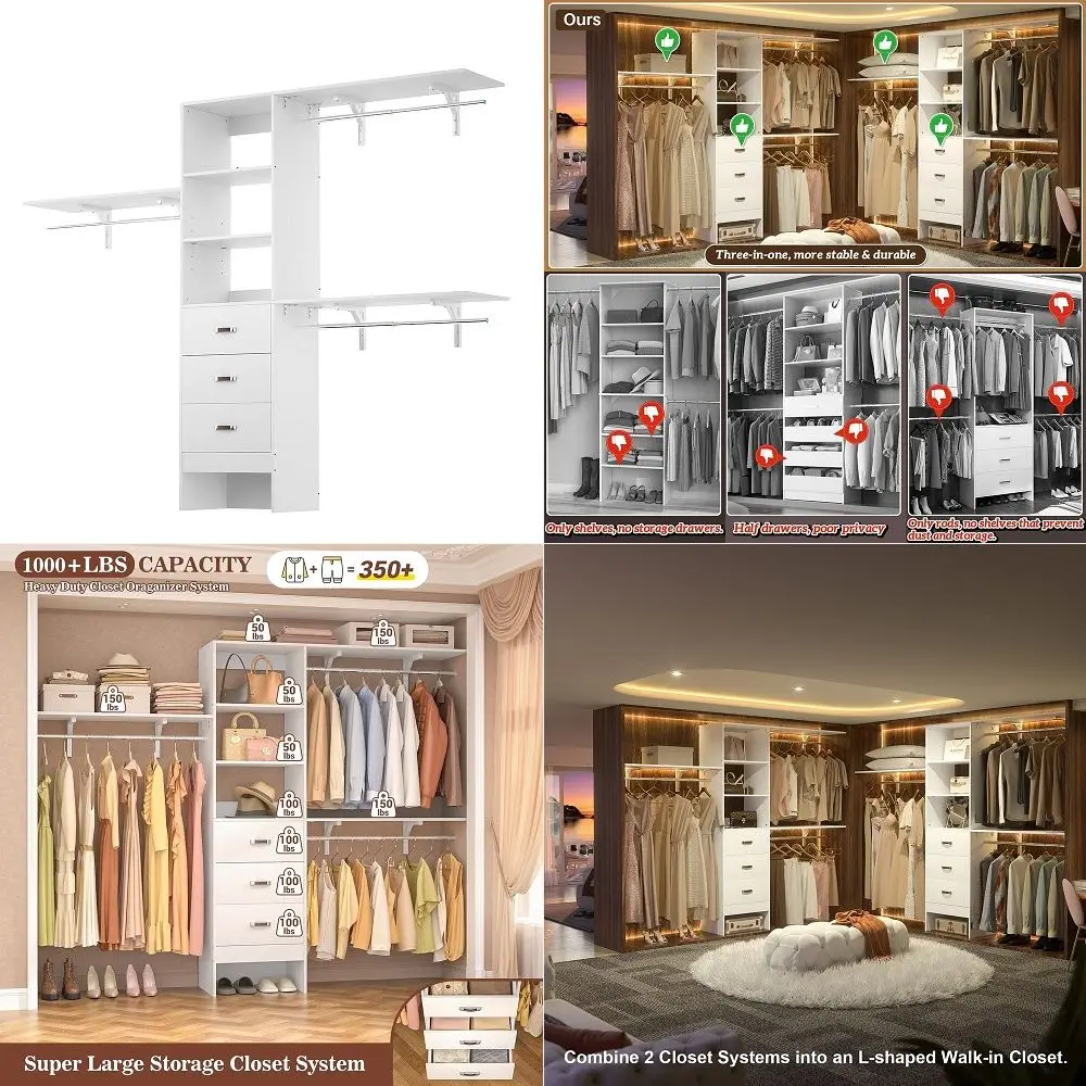 System with Drawers, 5FT8FT Closet Organizer System with 3 Side Top ShelvesCuttable amp 3 Expandable Hanging Rods, Walk in Clos