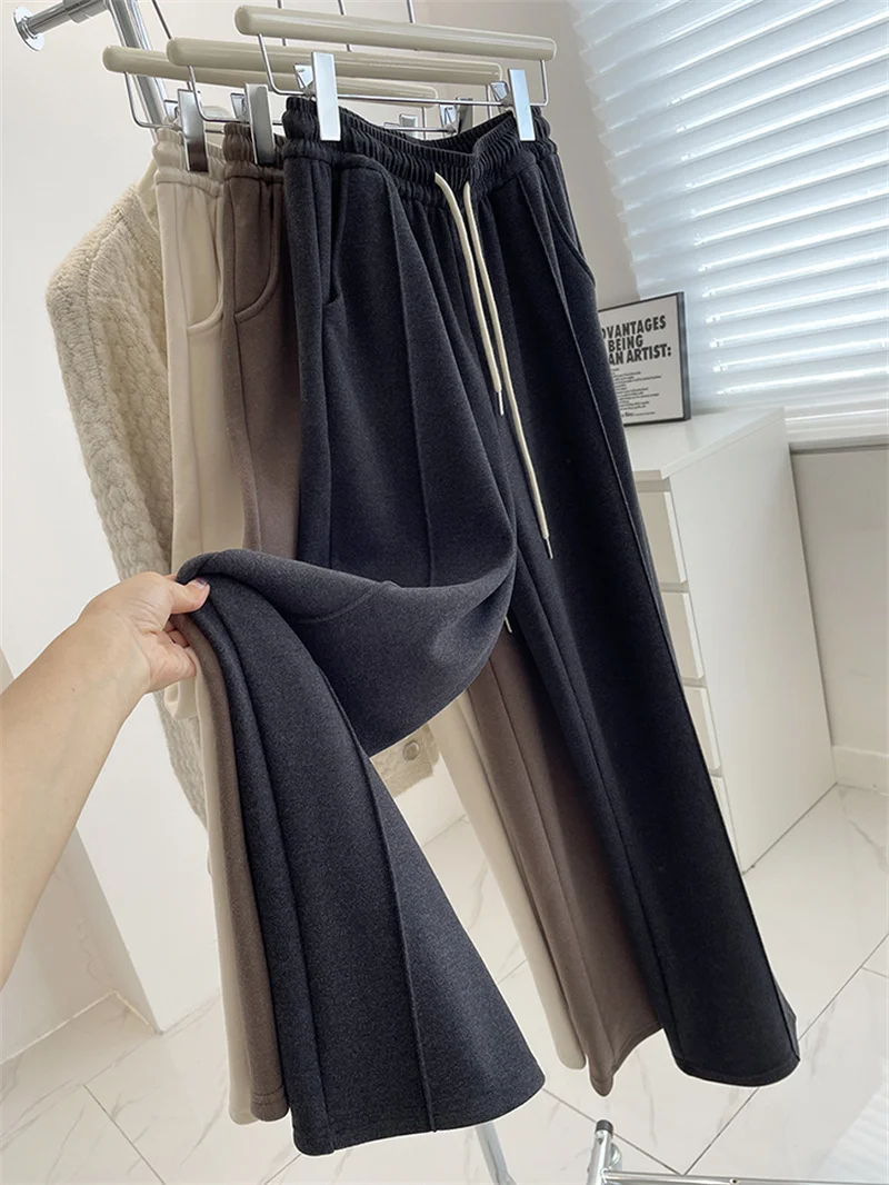 

Thickened Fleece Wide Leg Pants Women's High Waist Straight Cut Trousers Autumn Winter plus Size Casual Pants Slimming Effect