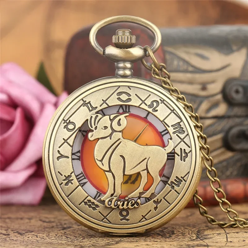 Antique Hollow Twelve Constellation Roman Number Dial Women Men Bronze Quartz Pocket Watch Necklace Sweater Chain Birthday Gift