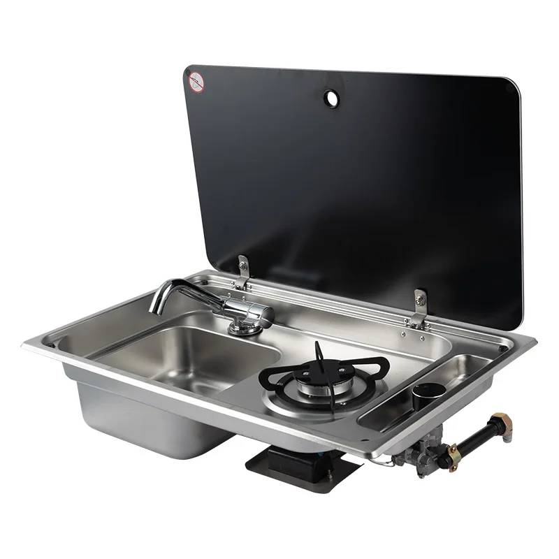 RV Caravan Stainless Steel Integrated Gas Stove and Sink Combo with Tempered Glass Lid 1 Burner Cooktop Kitchen Sink for RV Boat view 5