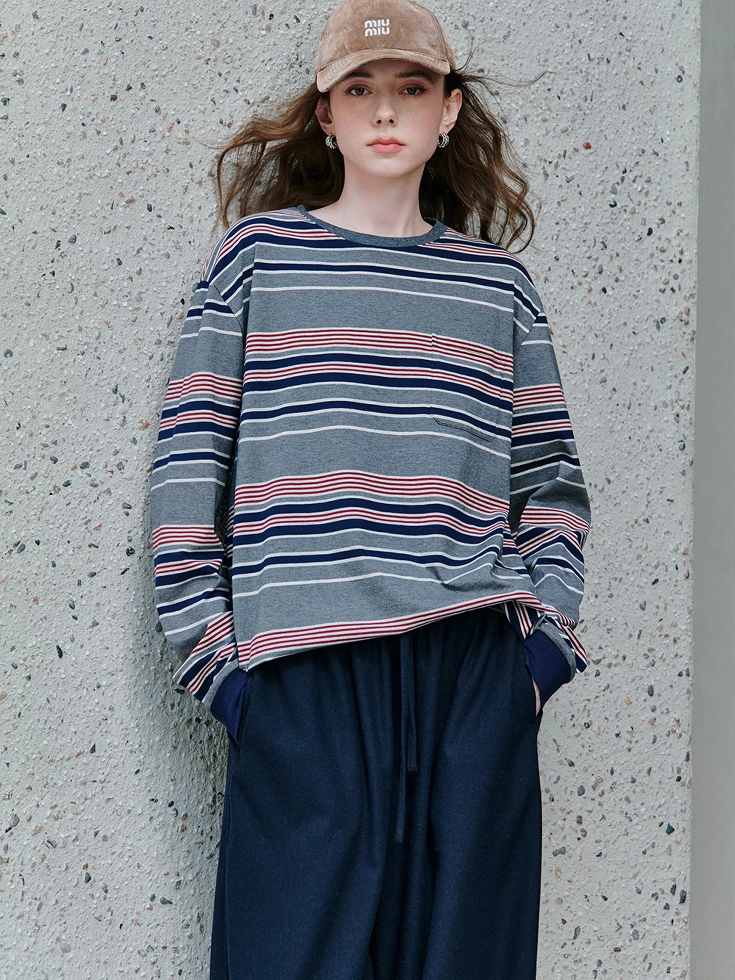 

finiavid American Retro MIU Series T-irt Knitted Cotton round Ne Single ket Striped Pattern Women's Spring Faion