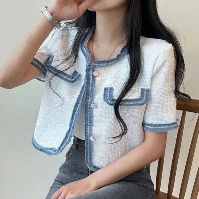 

Chic Summer Loose Fit round Ne ort Sve Woolen Coat Casual Versatile Color Blo Detailing Classic Sle Outerwear