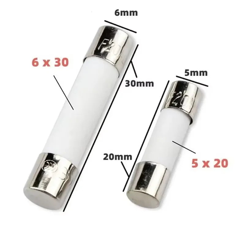 0pcs 5*20mm 6*30mm 250V Ceramic Fuse 5x20 6x30 mm 0.5 1 2 3 4 5 8 10 15 20 25 30A Ceramic Fuse