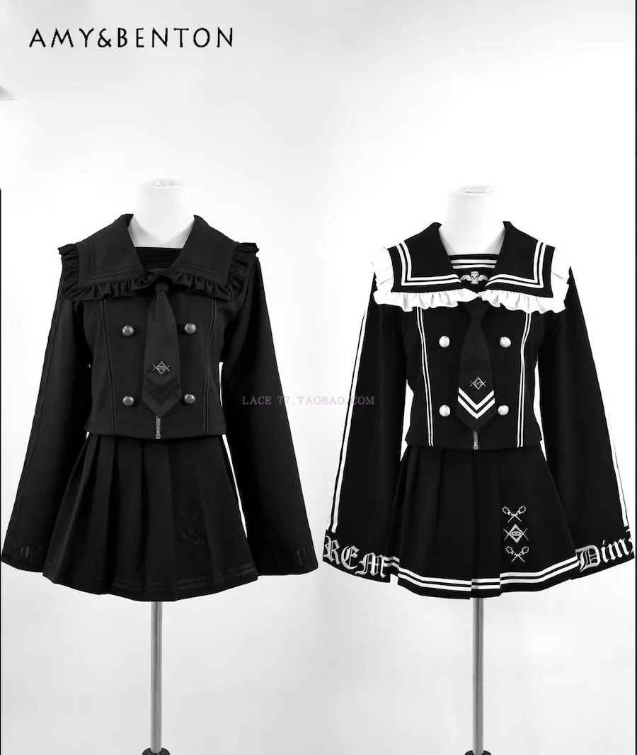

Japanese Subculture Mine Series Patchwork Striped Navy Collar Blazer + Pleated Skirt + Tie Goth Two Piece Sets Womens Outifits