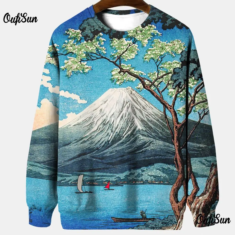 Japanese Ukiyoe Sweatshirt For Men Long Sleeve T-Shirt O-Neck Pullover Oversized Spring Clothing Thin Casual Men\'s Hoodies 2024