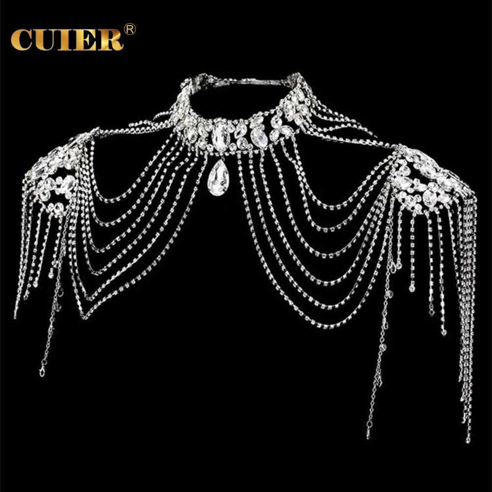 CUIER Gorgeous Rhinestone Shoulder Chain With Tassel For Wedding Bridal Off Shoulder Dress Crystal Glass Accessories