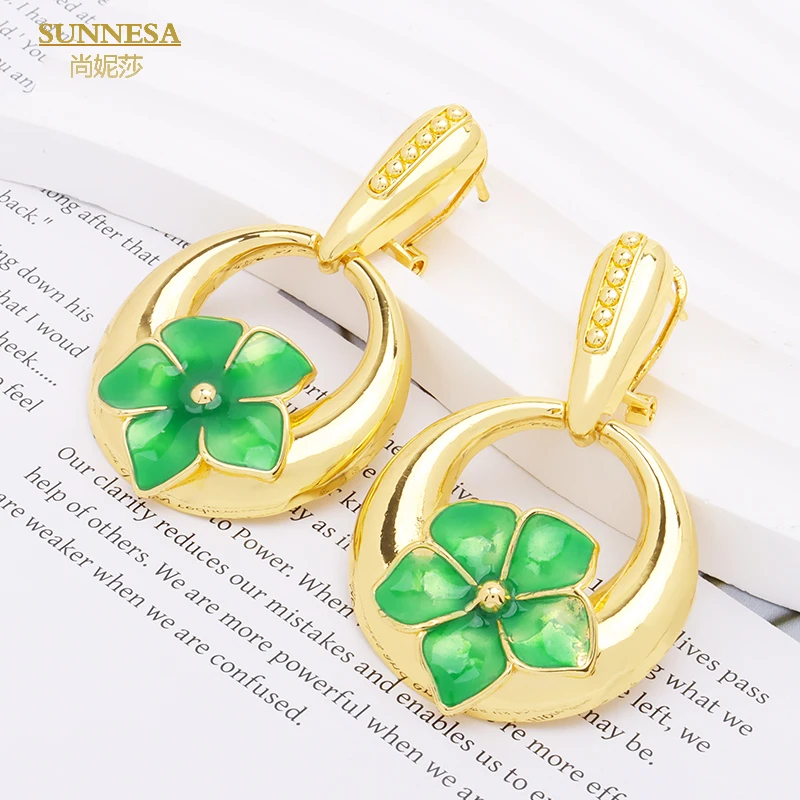 

SUNNESA 18k Gold Plated African Green Flower Earrings Luxury Dubai Jewelry for Women Vintage Drop Earrings Jewellrey Accessories