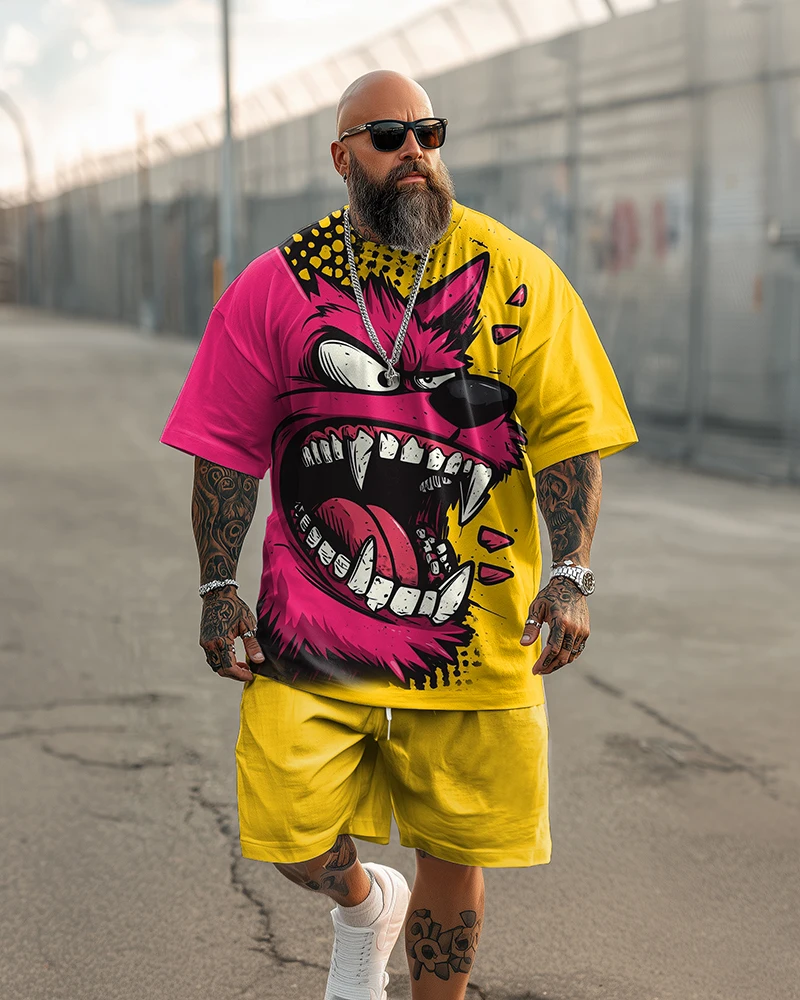 

9XL Plus Size Men's Retro Cartoon Red Dog Print T-Shirt & Shorts 2-Piece Set Soft Breathable Summer Casual Outfit