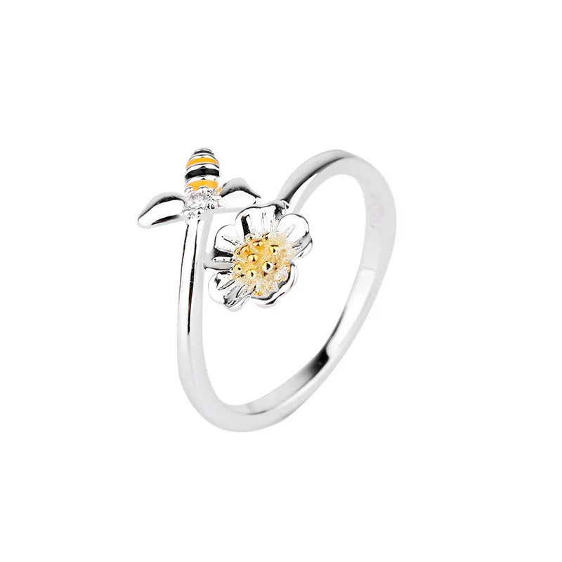 Neue Mode Schöne Blumen-Bienen 925 Sterling Silber Schmuck Damen Einfache Süße Cartoon Offene Ringe R400