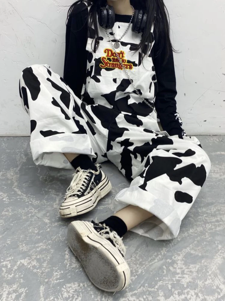 HOUZHOU Hippie Kuh Drucken Overalls Harajuku Kuh Gemusterte Hosen Koreanische Stil Overalls Casual Baggy Breite Bein Hosen Frühling 2022