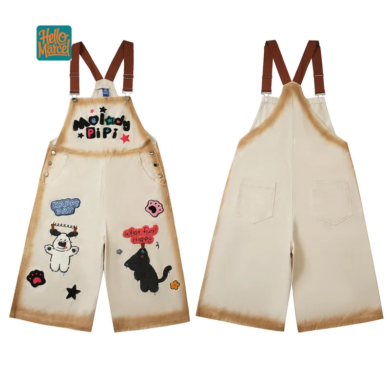 HELLOMARCEL EU US Size Luxury Quality Street Wear Pants Retro Distressed Cartoon Puppy Wide Leg Denim Overalls For Men Women