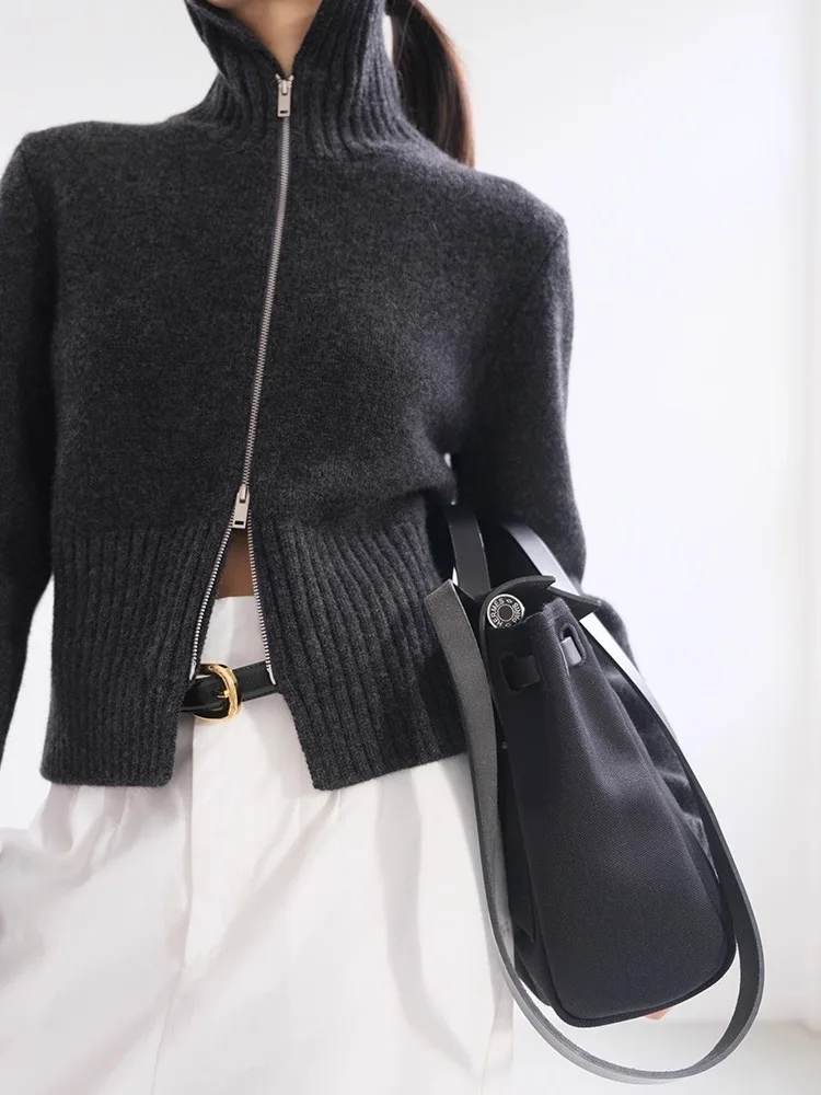 

Минималистичный кашемировый вязаный кардиган с высоким воротником и двойной молнией, женское пальто с длинными рукавами, новое осенне-зимнее пальто