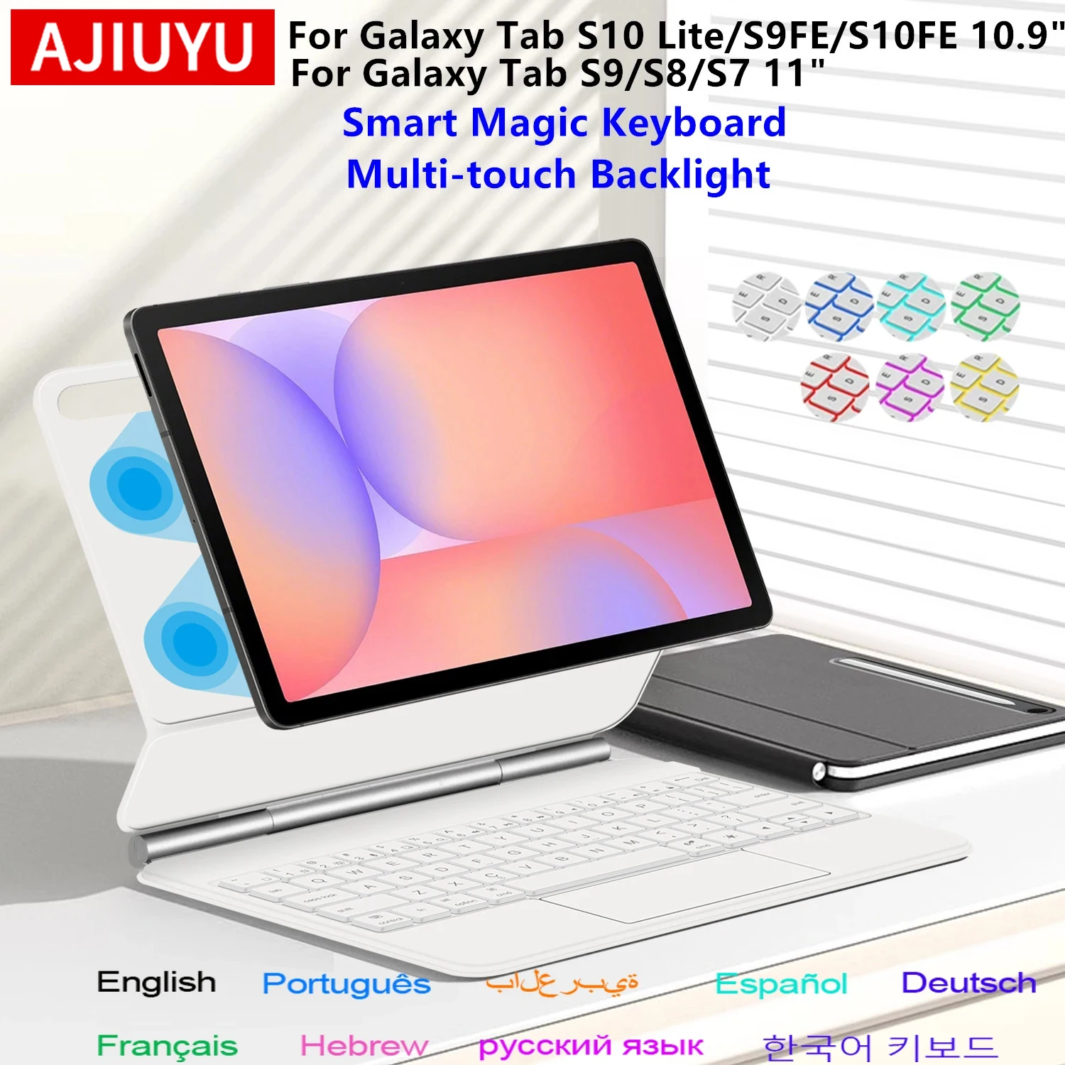 Teclado Mágico AJIUYU para Samsung Galaxy Tab S10 Lite S10 FE S9 FE 10.9'' Capa Teclado Inteligente Multi-Touch para Tab S7 S8 S9 11''