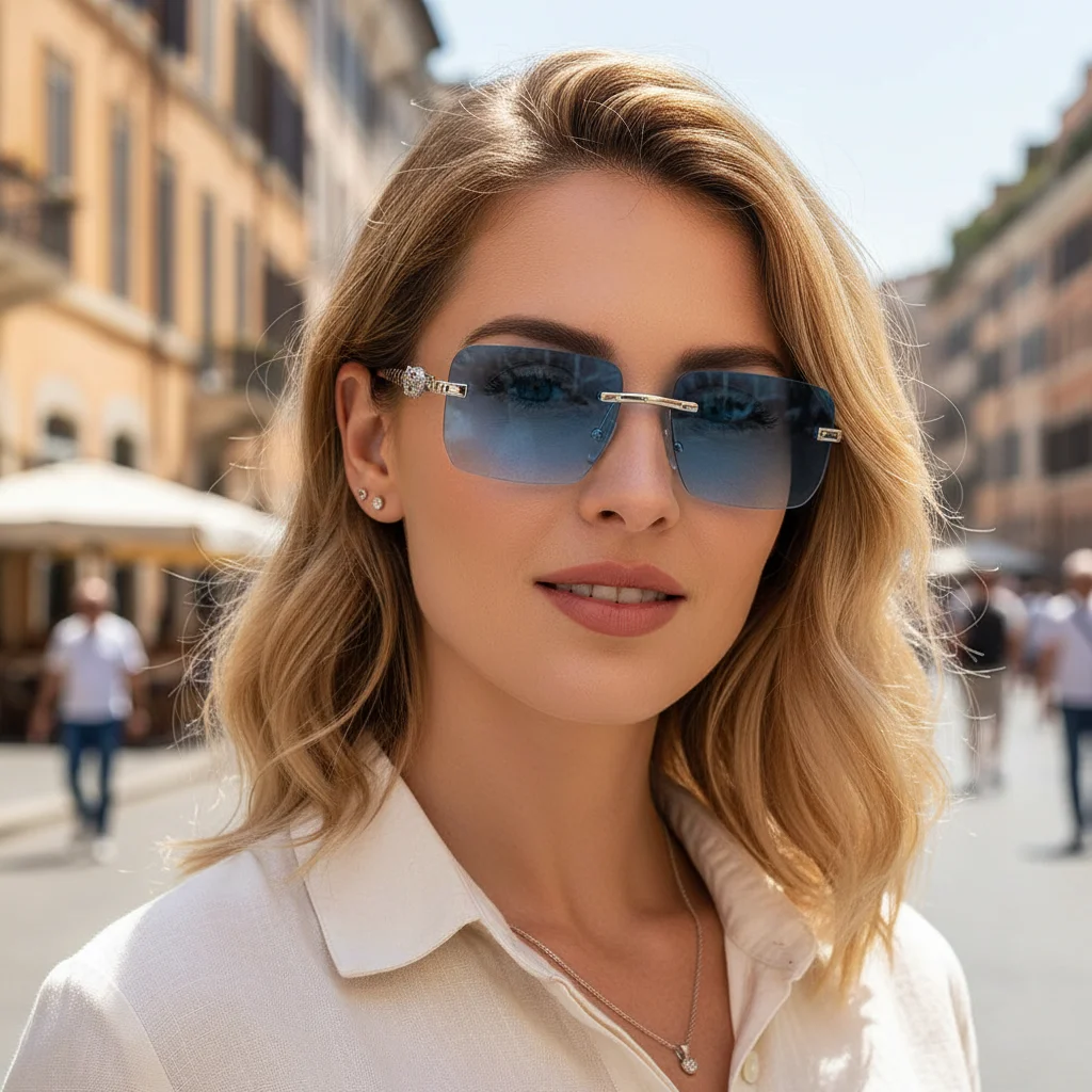 

Rimless Leopard Head Decorated Sunglasses Gradient UV Protection Rectangular Sun Glasses Street Shooting Eyewear for Women