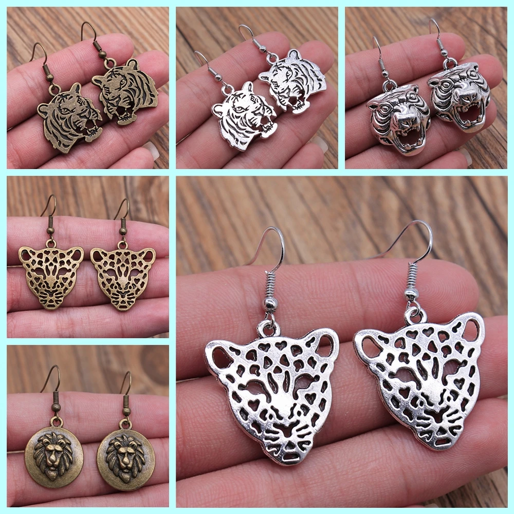 Animal Dangle Earring Vintage Antique Silver Color Antique Bronze Color Tiger Leopard Lion Head Pendant Drop Earrings