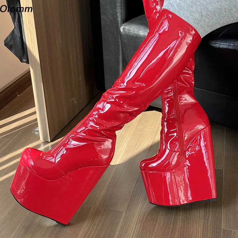 

Olomm New Women Winter Knee High Boots Patent Leather Side Zipper Wedges Heels Round Toe Red Club Shoes Plus US Size 5-15