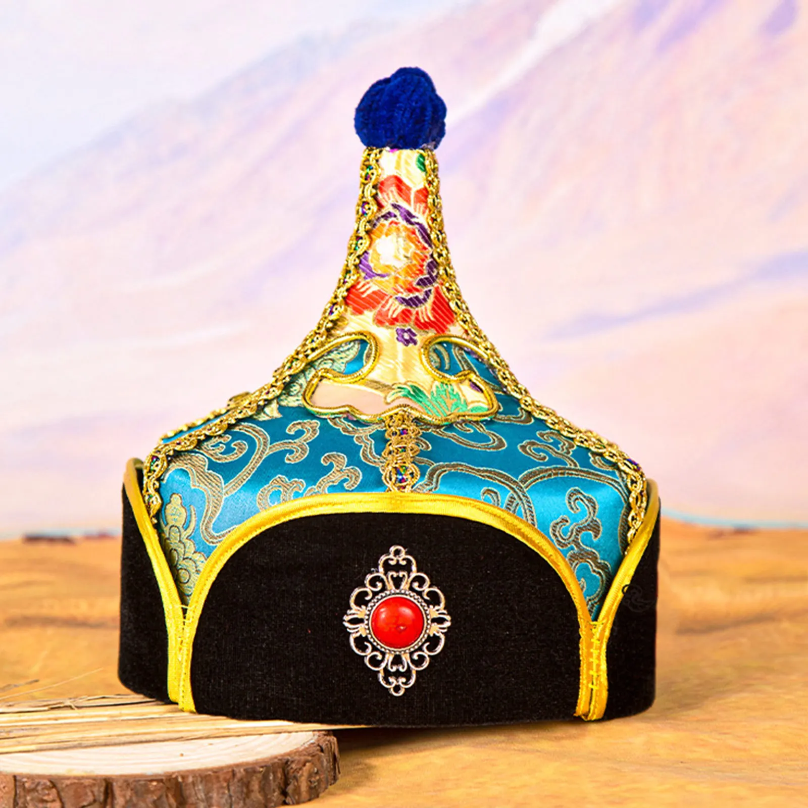 Mongolski kapelusz z delikatnymi wzorami, kapelusz księcia generała, ozdobny, dla mężczyzn, akcesoria do kostiumów, na występy sceniczne.