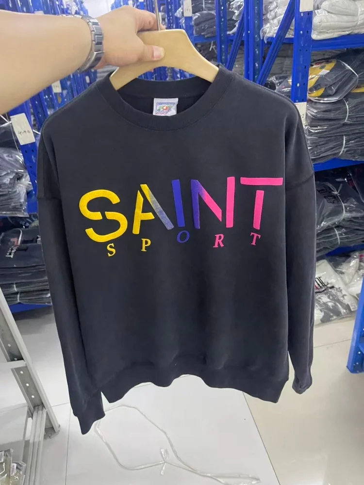 Saint Simple 컬러풀 레터 프린트 남성용 후드티 루즈핏 라운드넥 캐주얼 스웨트셔츠