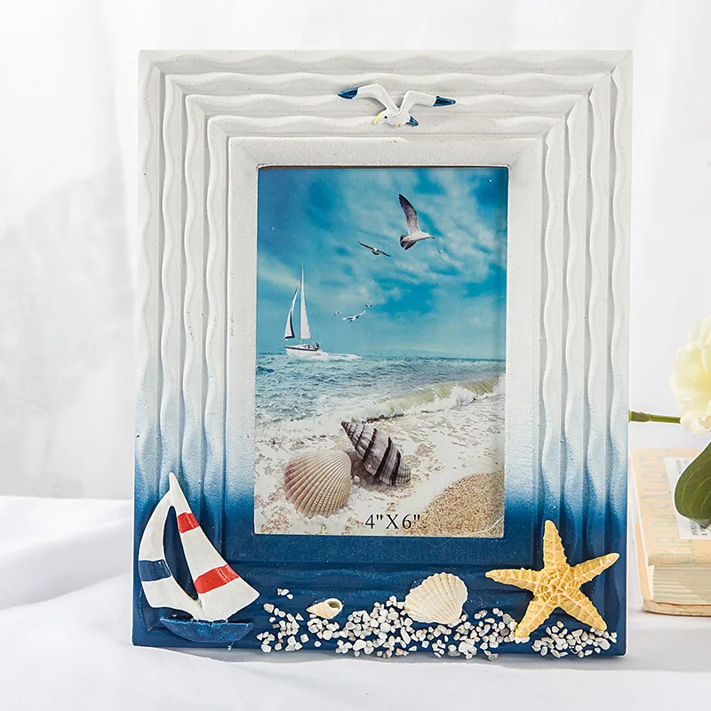 Wooden Photo Frame Sea Shell Picture Frames Home Desktop Decoration Household Self Stand For Living Room Desk Office