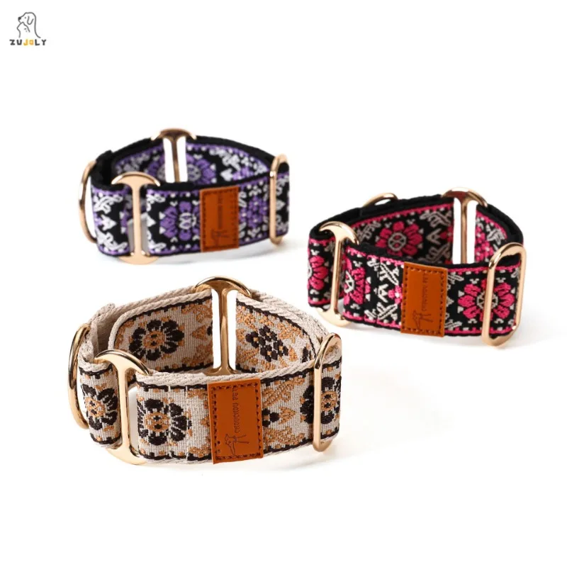 

ZUJOLY Adjustable Dog Collar Chinese Ethnic Style Collar Patterned Anti-pull Collar Hand Washable Dog Accessory