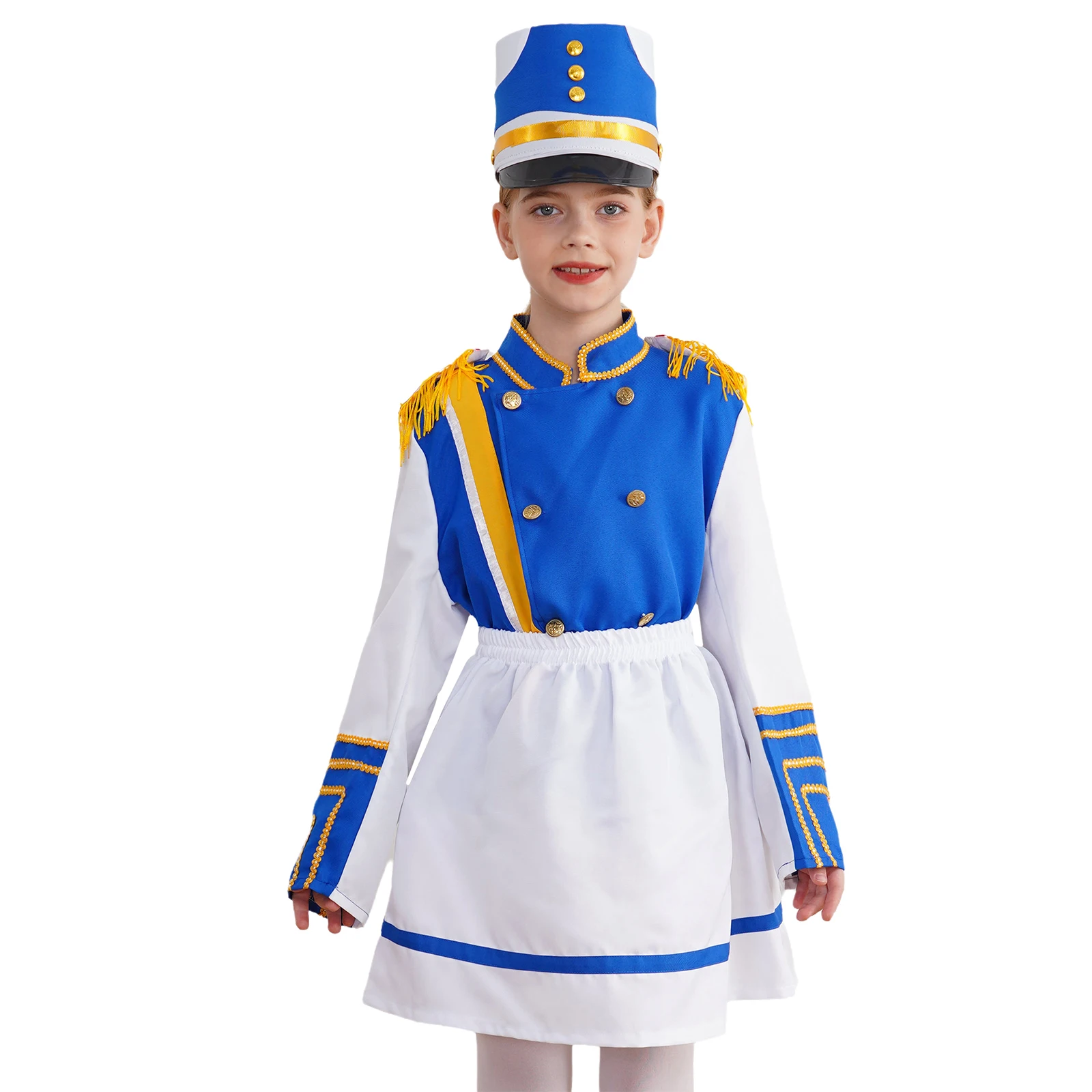 Girls Marching Band Costume Drum Trumpet Team Uniform Tops with Skirt Cap Set Honor Guard Costumes Halloween Performance Outfits