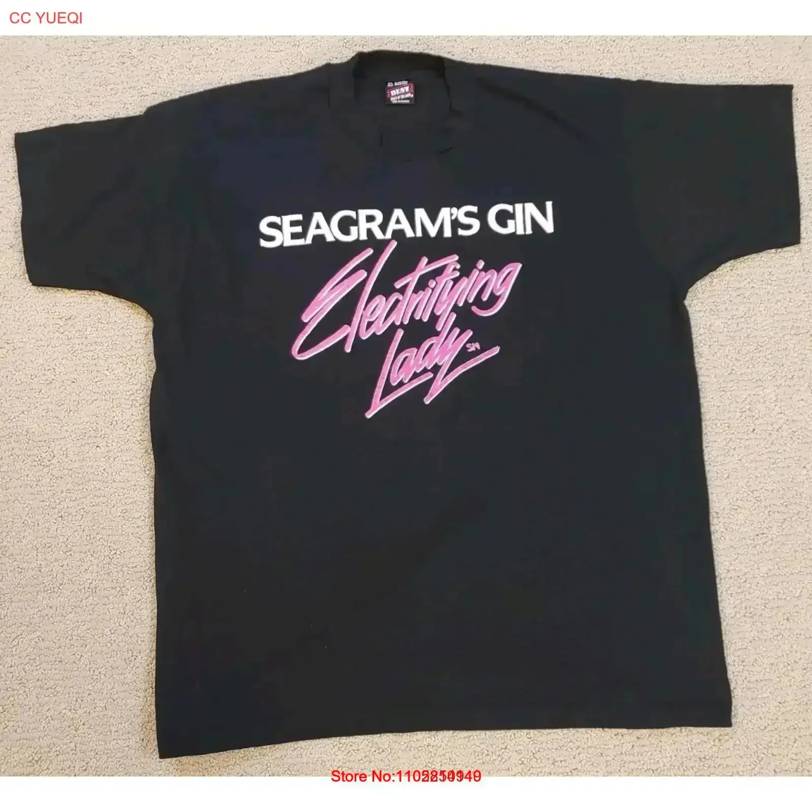 تي شيرت كلاسيكي 90s Seagram's Gin Electrifying Lady أسود فحص التدابير ملابس مصممة مغسولة ملابس الشارع الشهير عتيقة ناعمة #1