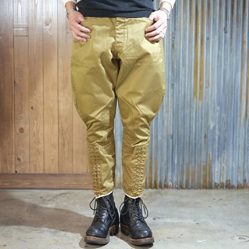 

Retro American Khaki Cotton Riding Pants Loose Fit High Waist Nine Points Youthful Energy Sle Workwear Trousers Pure Color