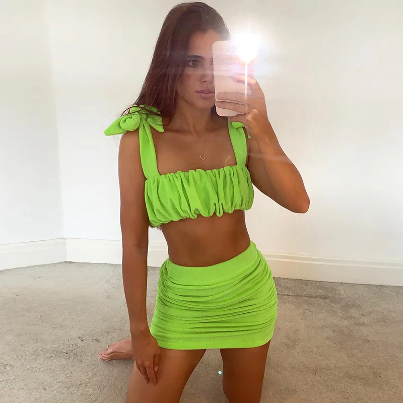 FUFUCAILLM Two-Piece Dress Suits for Women Summer Beach Ruched Pleated Tie Up Straps Crop Tank Tops + Wrap Short Skirt Outfits