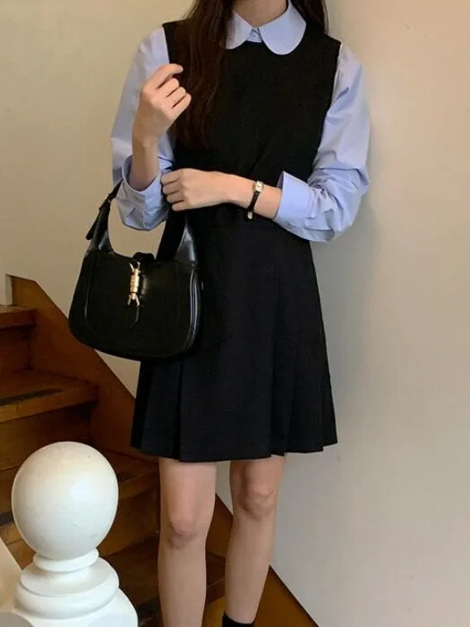 Black Midi Dress Women's Autumn High-End Sensation Outerwear  Design College Style Fashionable Age-Defying Pleated Vest D... view 4