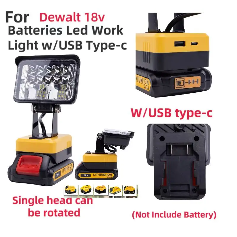 

12W LED Working Light Spotlight Portable Lamp Lantern w/USB C-Type for Dewalt 18v Lithium Battery Lamp(Not Including Battery）