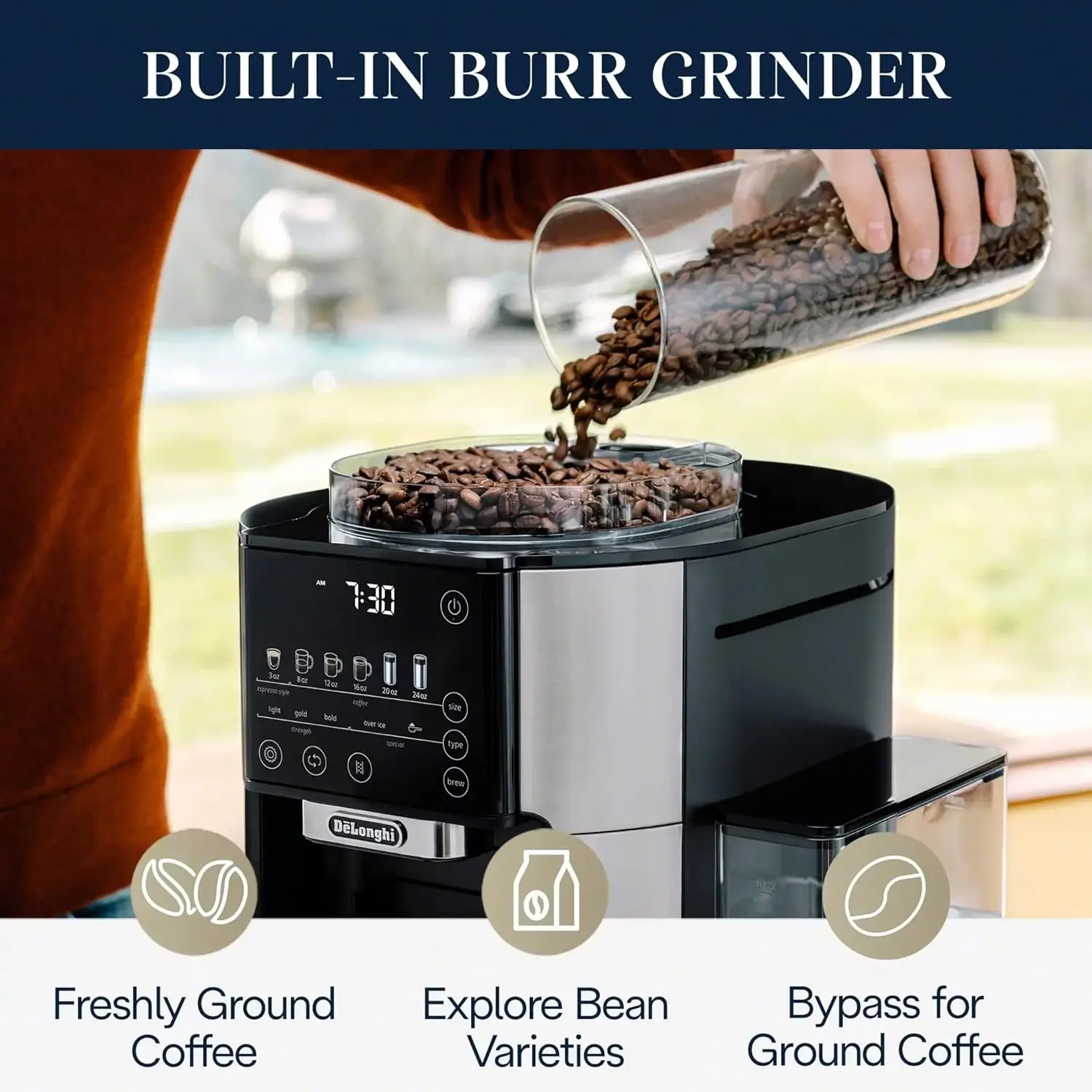 Drip Coffee Maker, Built in Grinder, Single Serve, 8  to 24 , Hot or Iced Coffee, Stainless, CAM51025MB