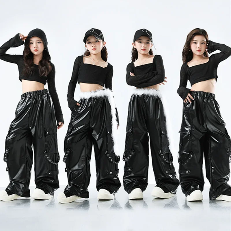 

Jazz Dance Girl Clothes Black Dance Suit Stage Costume Crop Tops Shuffle Pants Children Street Dance Wear Hip Hop Trousers