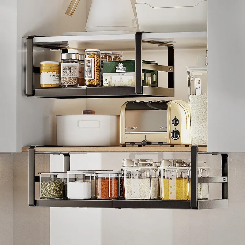 Adjustable Kitchen Hanging Organizer Rack Expandable Under Kitchen Cabinet  Storage Shelf Spices Bottles Seasonings Rack