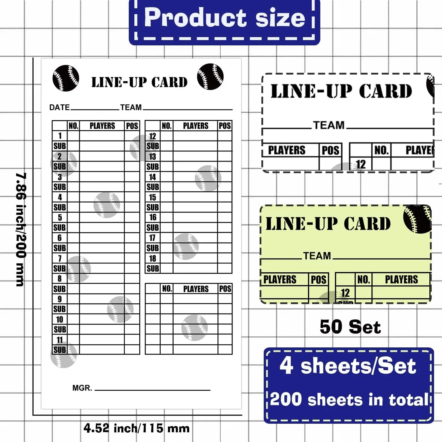 50 комплектов, карточки для игры в софтбол, 4 части, карбоновые копии, 4,52*7,86 дюймов, Список игроков, бейсбольный альбом