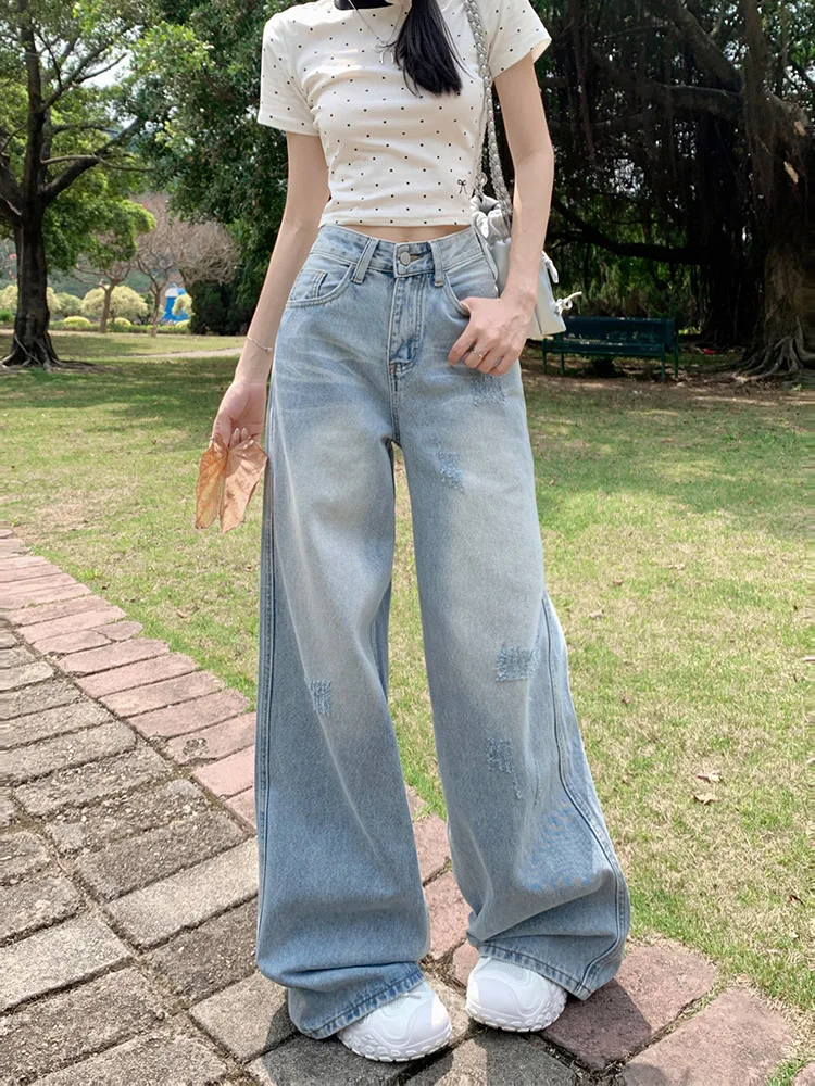 

Summer Thin Wide Leg Denim Jeans Women's High Waist Tear Hole Loose Straight Drapey Floor-Length Pants Cool Sensation