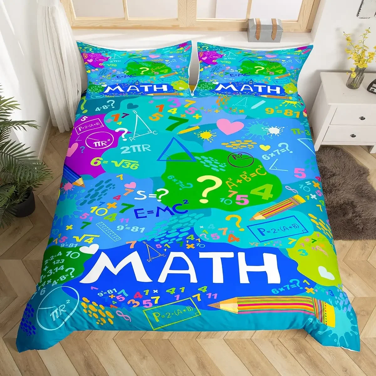 Math Duvet Cover Computing Formula Bedding Set Watercolor Geometry Art Comforter Cover Mathematical Formula Bed Set Twin Size