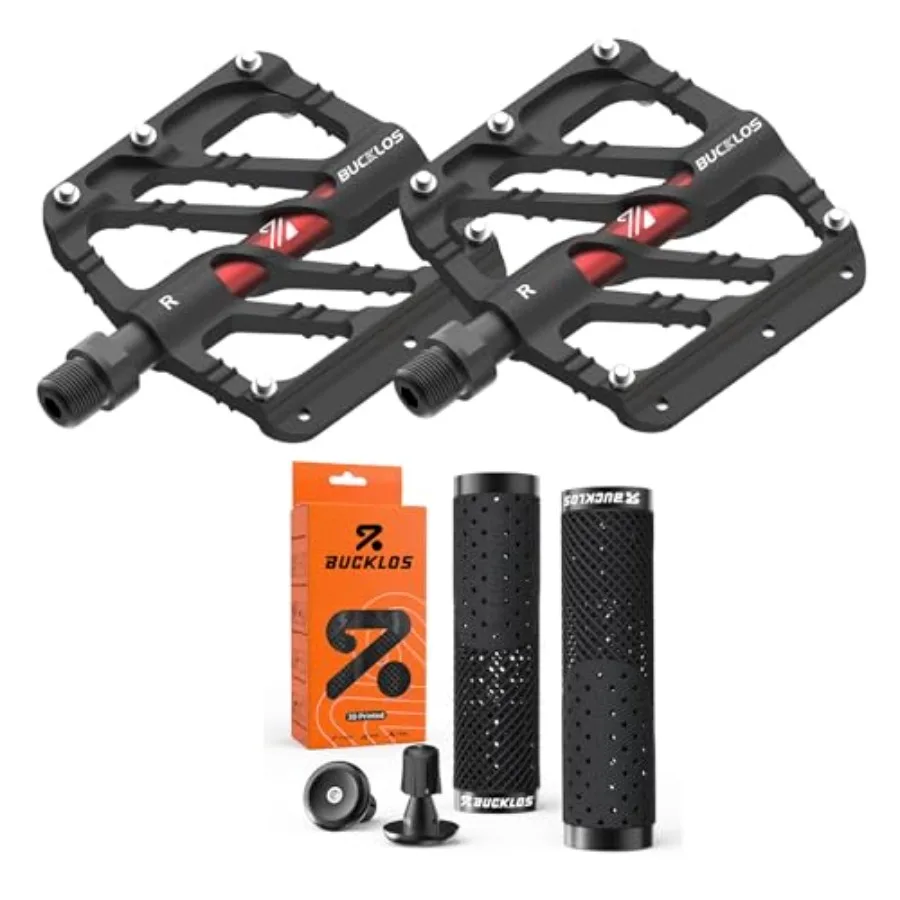 

3 Bearings CNC Bicycle Platform Aluminum Alloy Non-Slip MTB Flat Pedals and GR800 3D Printed TPU Non-Slip Bike Handlebar Grips-