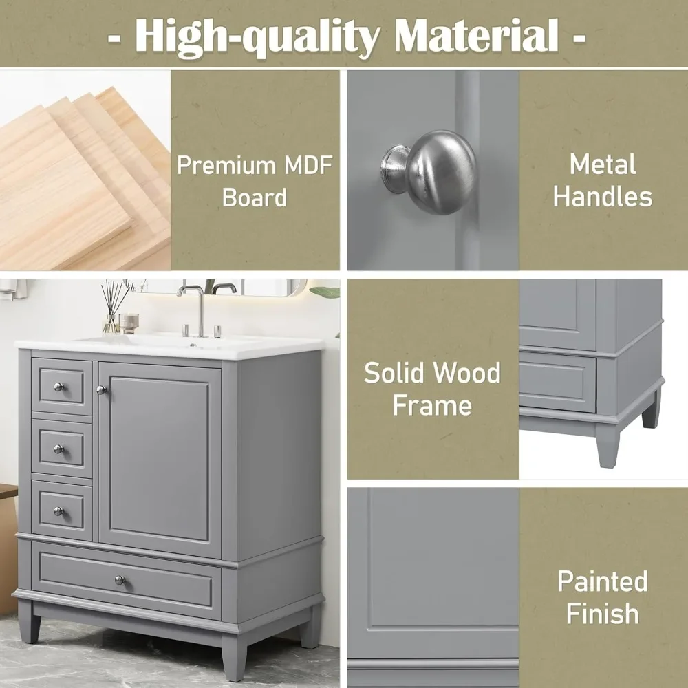 30インチの洗面台付きバスルームキャビネット、多機能木製収納キャビネットオーガナイザー、ドアシェルフ、左側引き出し、ソフトクローズドア