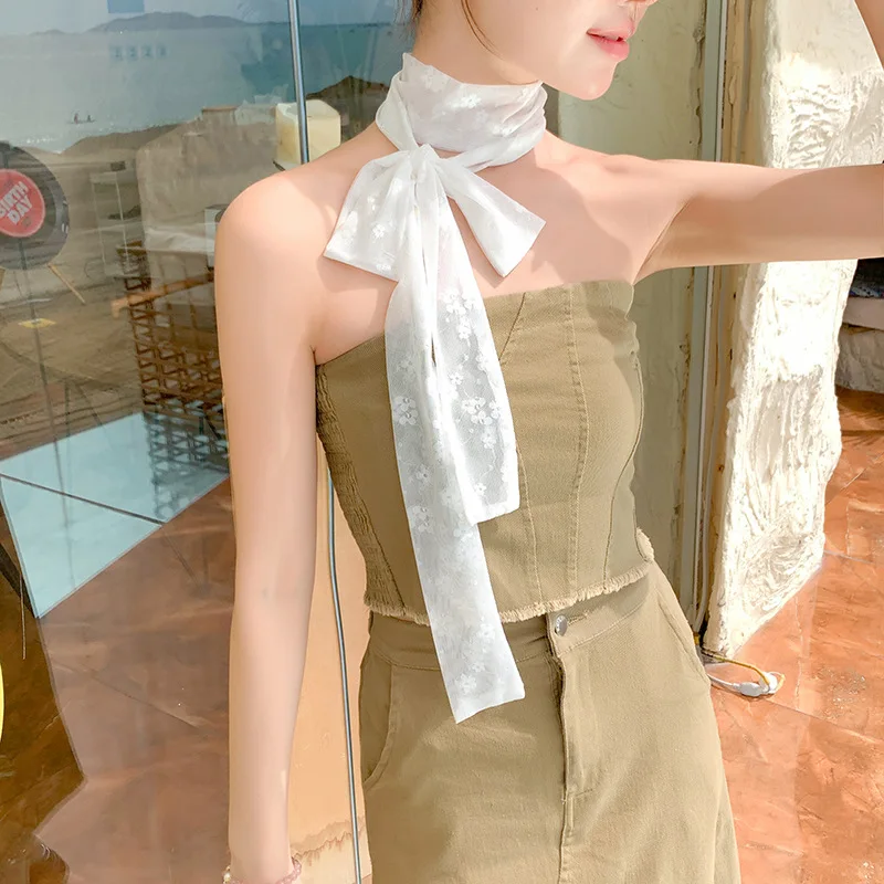 

Elegant French Lace Long Scarf Women Decorative Neck Band Multifunctional Hair Ribbon Necktie Skinny Scarf for Handbag Wrapping
