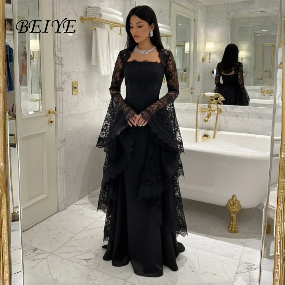 

BEIYE Charming Black Lace Long Sleeves A-Line Evening Dress Women 2026 Square Collar Party Gown Customized فساتين سهرة