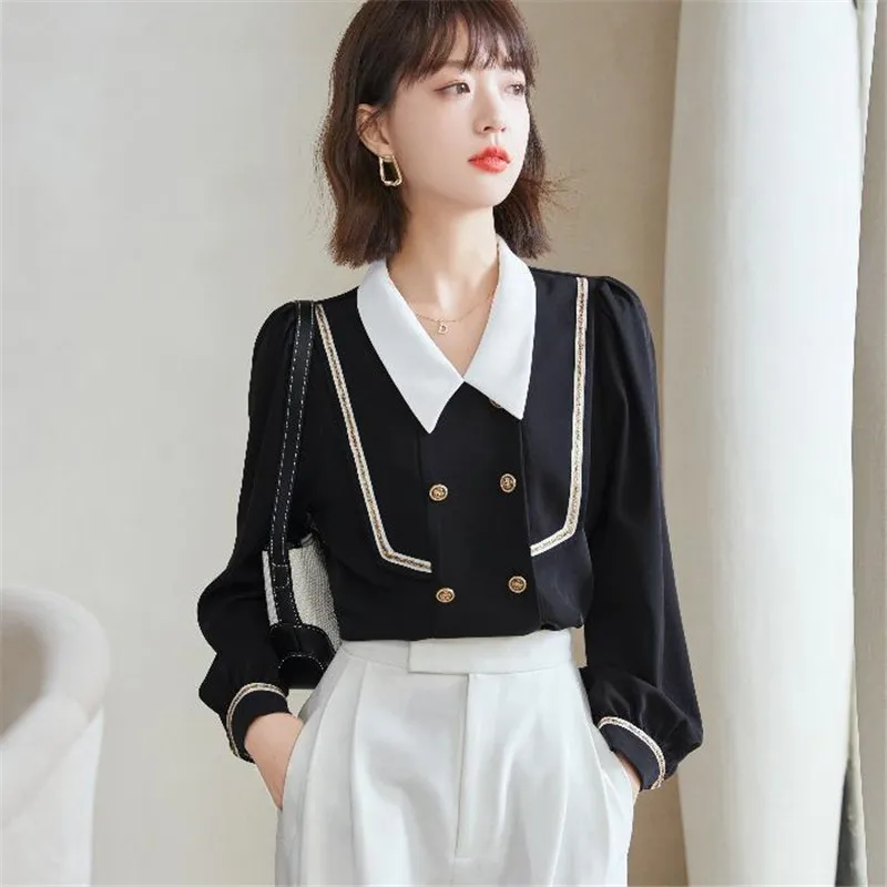 

Elegant Female Blouses Top Long Sleeved Professional Shirt Casual Chiffon Shirts Women Peter pan Collar Blouses Ladies Blusas