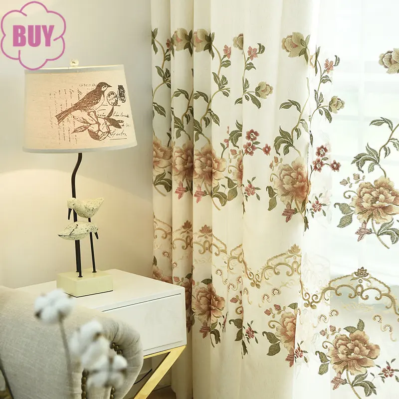 American Curtains for Living dining Room Bedroom Country Pastoral Style Flowers and Birds Embroidered Semi Blackout Curtains