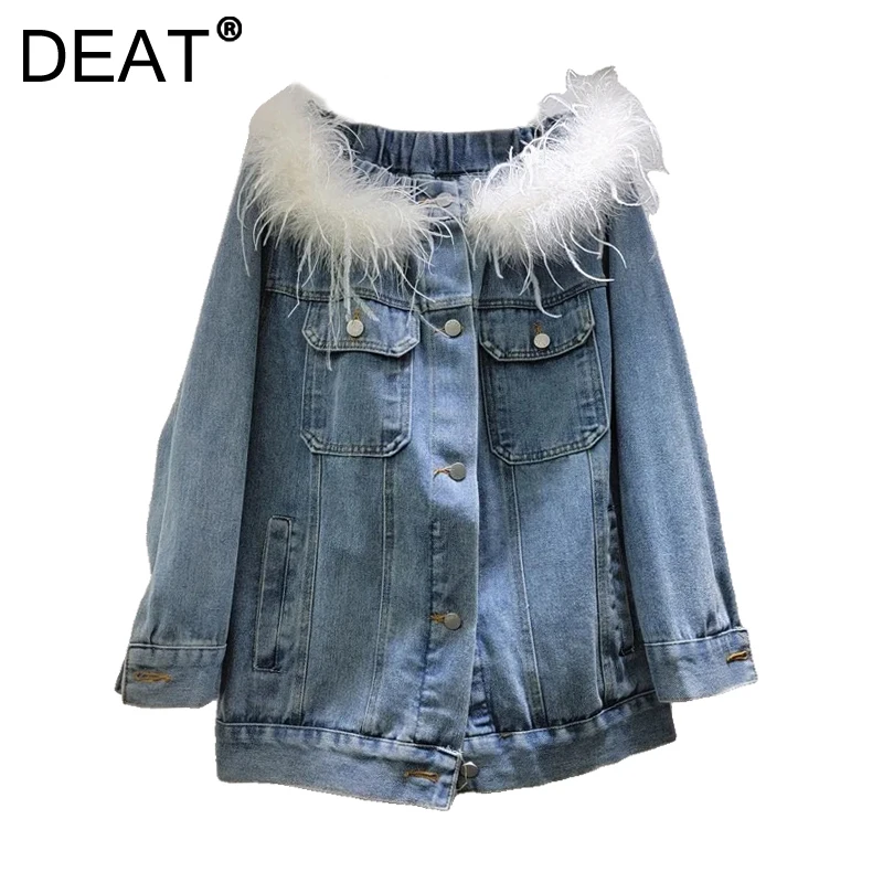 DEAT Women's Denim Coat Slash Neck Long Sleeve Off Shoulder Spliced Feathers Causal Jackets 2025 New Spring Fashion 29L9380