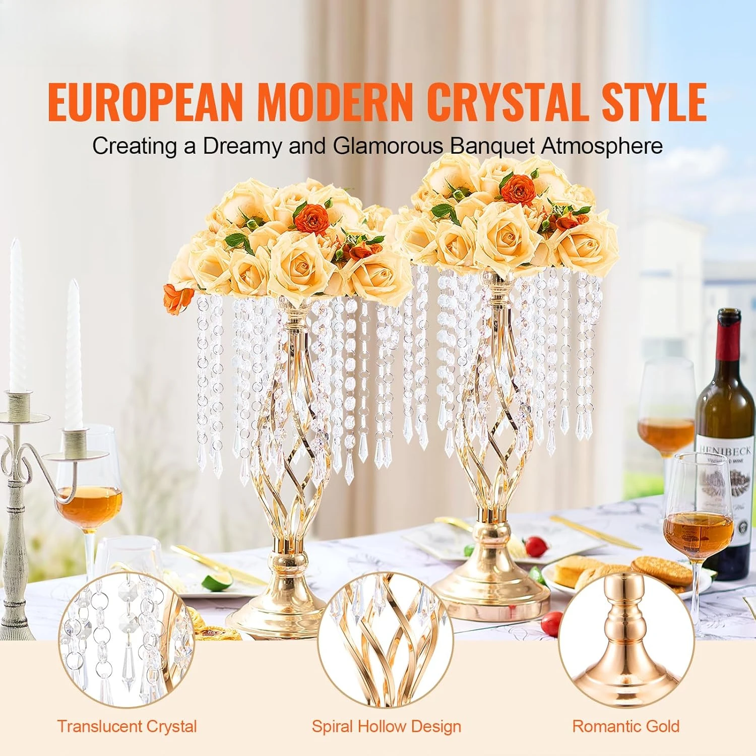 

20PCS 43cm/16.9” Tall Crystal Wedding Flower Stand, Metal Wedding Centerpiece Vase, Gold Flower Holders Floral Display Rack