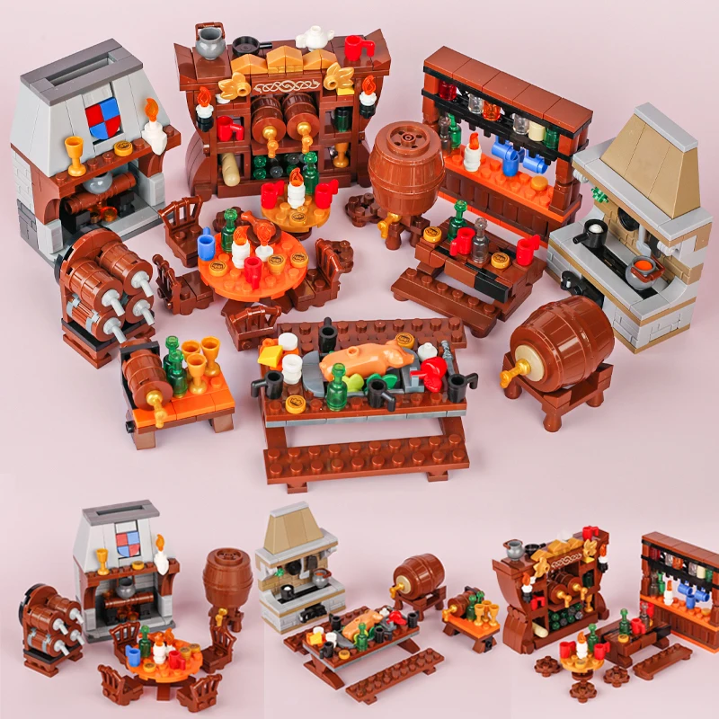 MOC Wine Barrel Medieval Furniture Building Blocks Winepress Dining Table Roast Sucking Pig Shelves Fireplace Bricks Toys