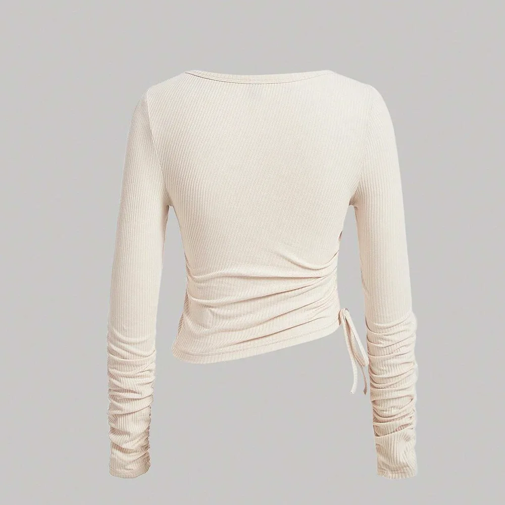 Women Drawstring Pleated Long Sleeve T-Shirt Slim Square Neck Bottoming Top