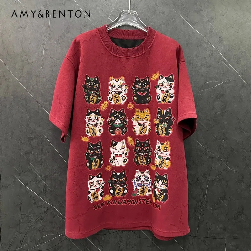 

Pure Cotton Loose Medium And Long Polished T-shirt Pullovers Women's Winter New High-end Cartoon Oversized Half-sleeved Top Tees