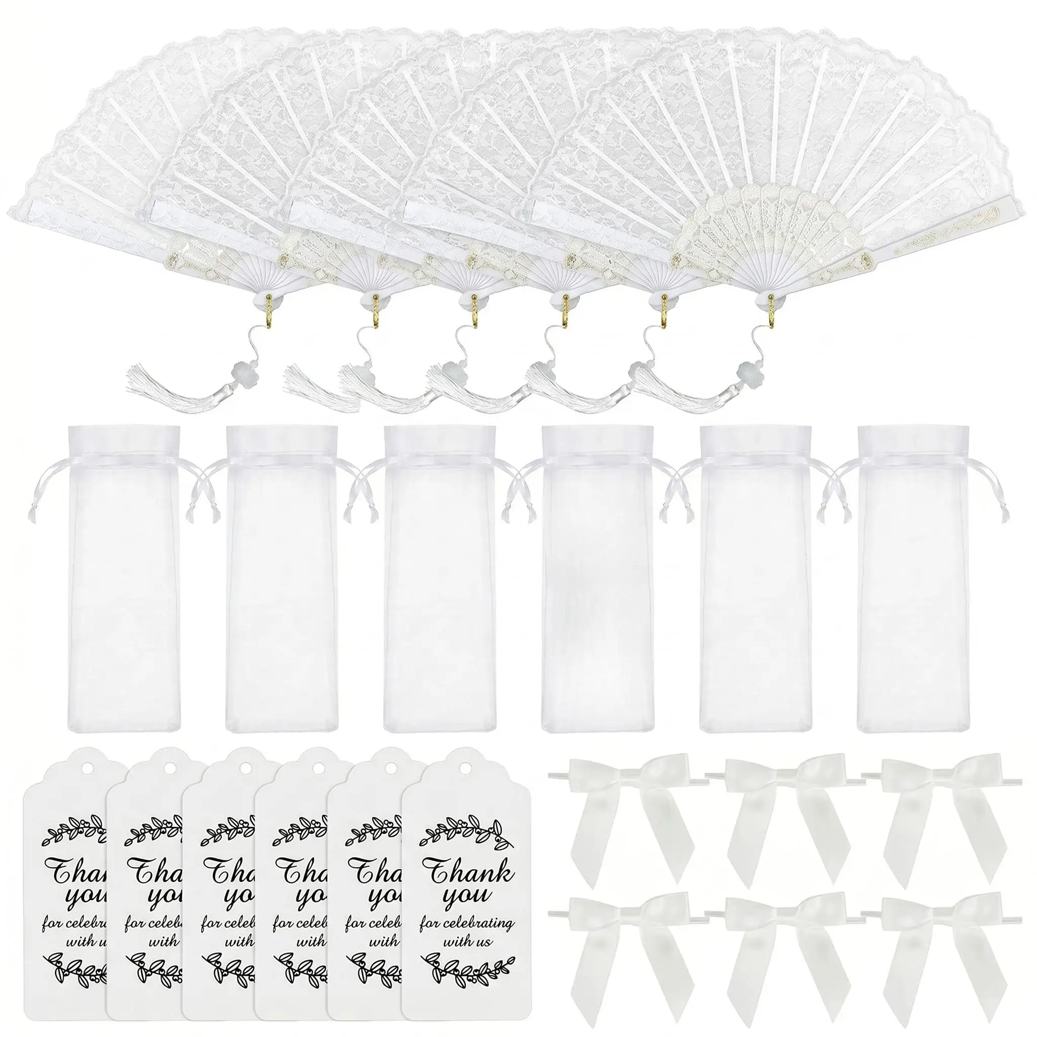 White lace folding fan, with bow and gift bag/card, suitable as a gift for the bride to give to the groom at the bridal shower.