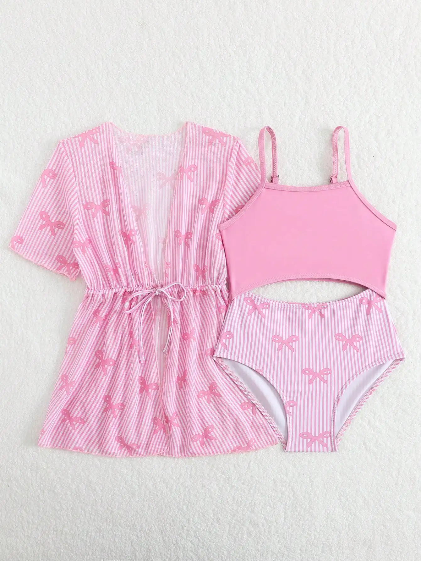 

Pink Striped Bow Print Two-Piece Swimsuit Set With Cover-Up