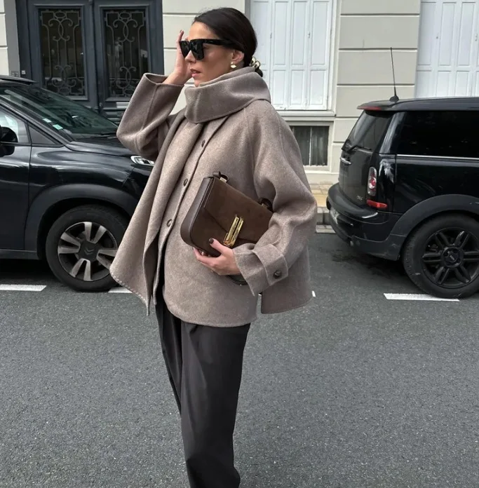 

Women's Elegant Solid Wool Blend Scarf Collar Coat Loose Single Breasted Full Sleeve Coats 2024 New Lady Winter Casual Outerwear